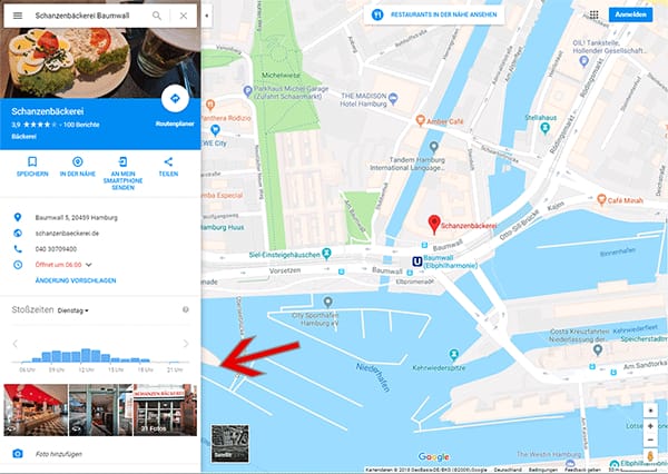 Schanzenbäckerei Baumwall Hamburg bei Google Maps